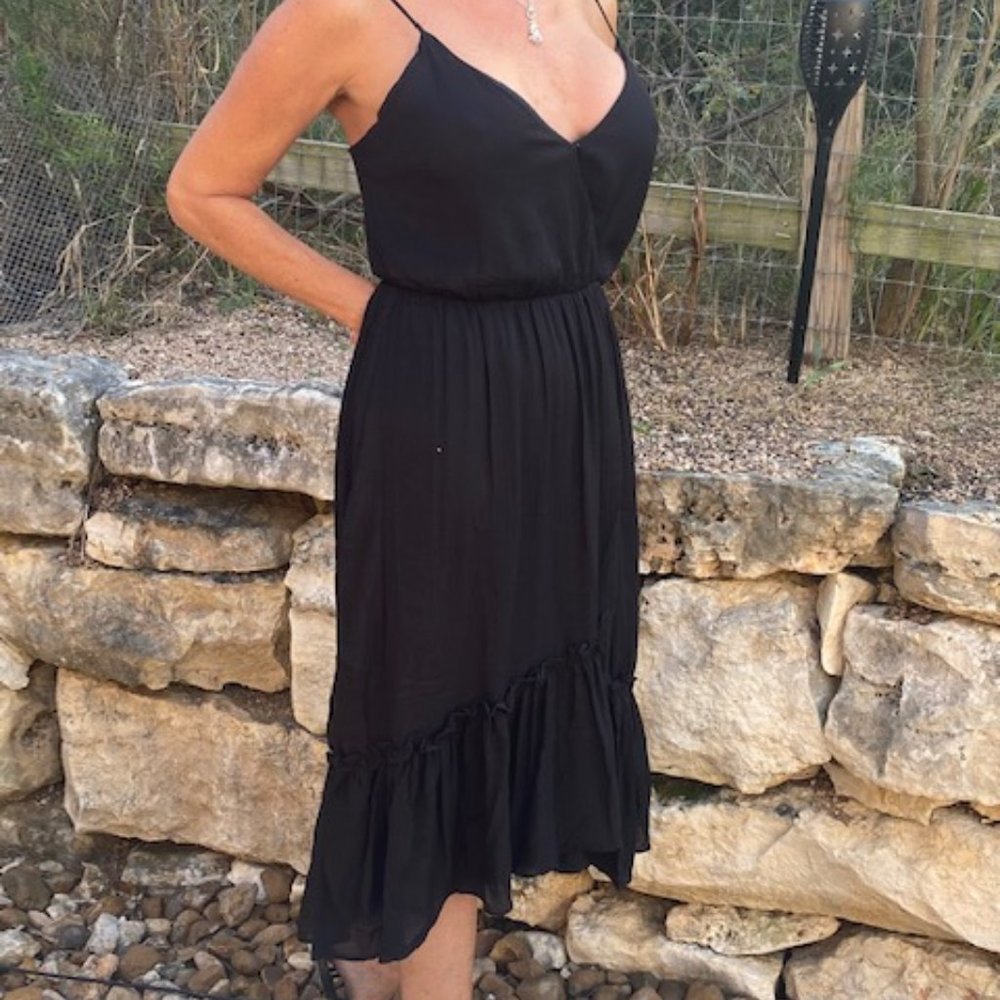 Black Ruffle Hem Midi Dress Medium Spaghetti Strap Sleeveless Boho Chic Romantic